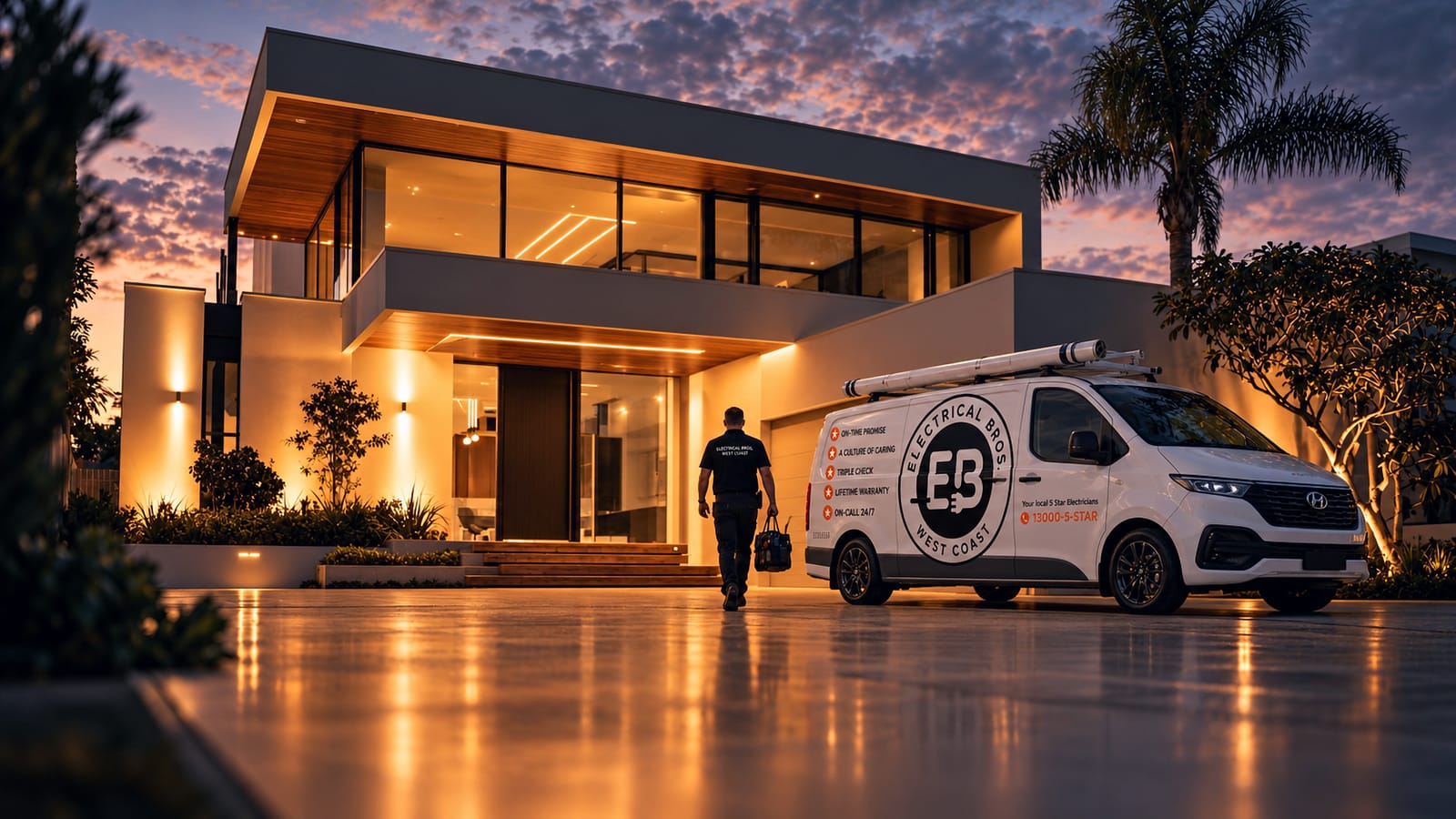 An Electrical Bros West Coast electrician in uniform walking to a job beside a branded company van