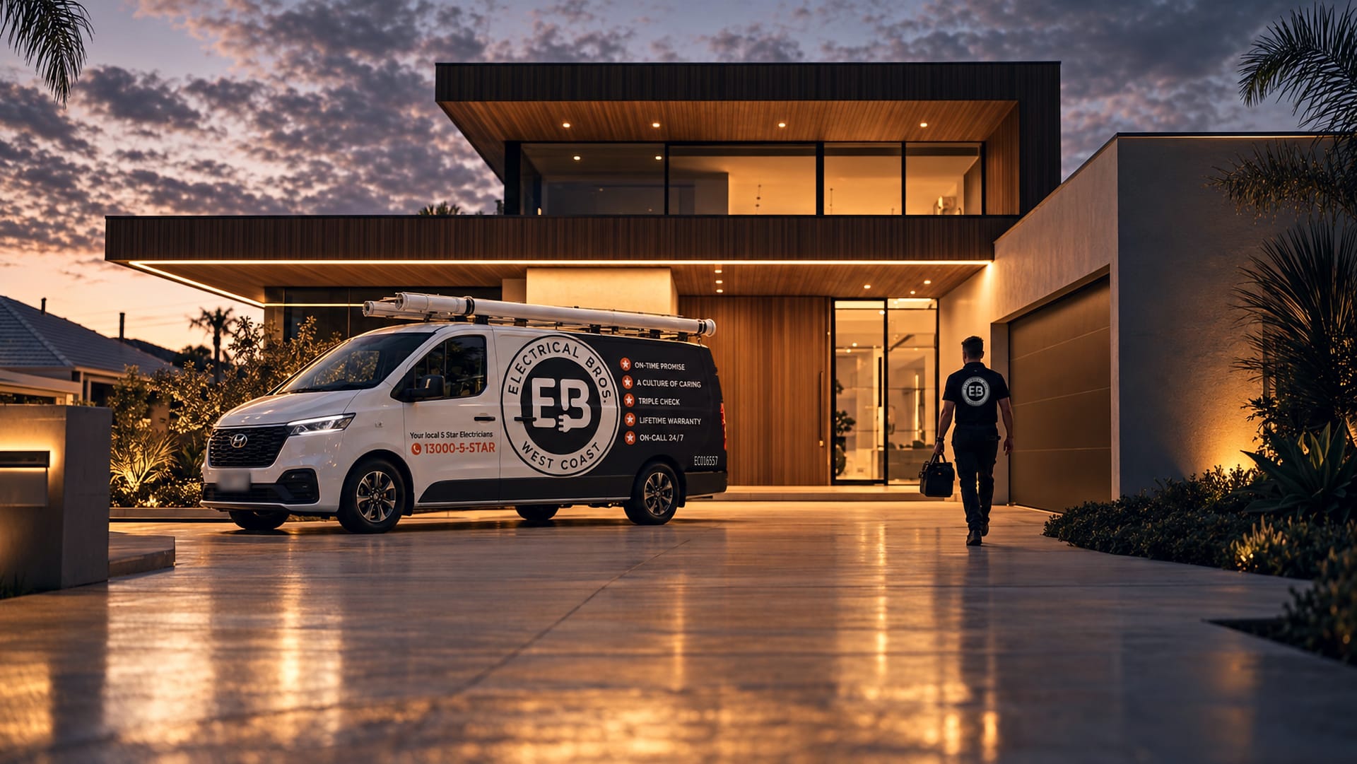 Electrical Bros West Coast van and electrician arriving at a modern home at dusk