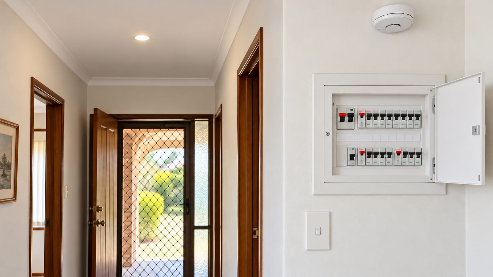 After: a hallway upgrade from an old fuse board, smoke alarm and ceiling light to a modern switchboard, smoke alarm and LED downlight