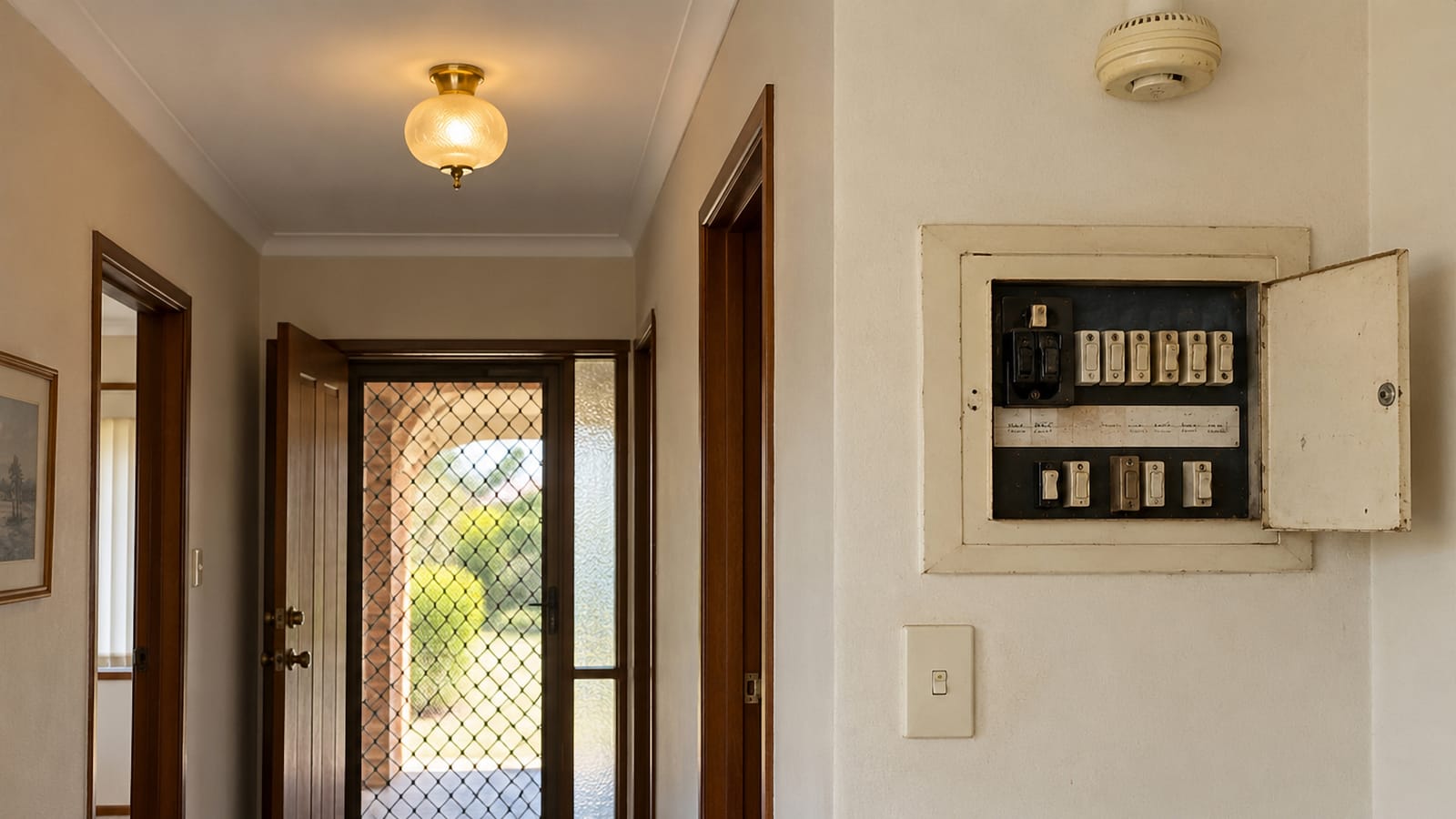 Before: a hallway upgrade from an old fuse board, smoke alarm and ceiling light to a modern switchboard, smoke alarm and LED downlight